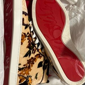Christian Louboutin Beige Floral Velvet Low-Top Sneakers with Red Soles